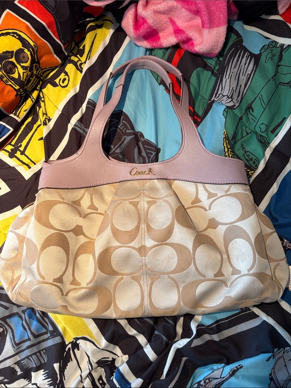 Coach Beige Signature Canvas Shoulder Tote with purple Trim